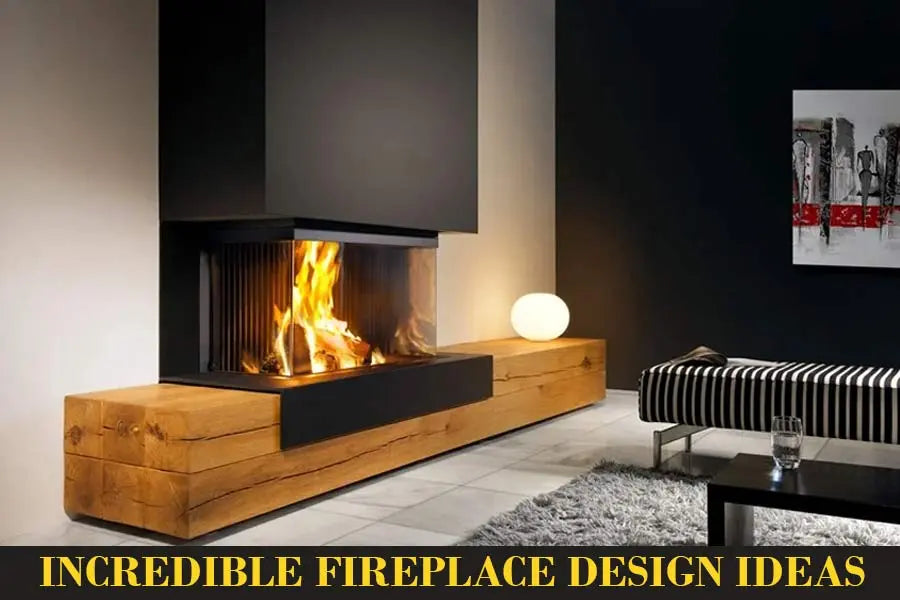 Stylish modern fireplace in stone and wood 