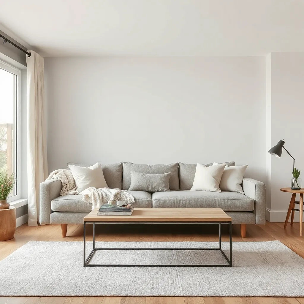Modern living room featuring a contemporary sofa with neutral decor and soft accent pillows