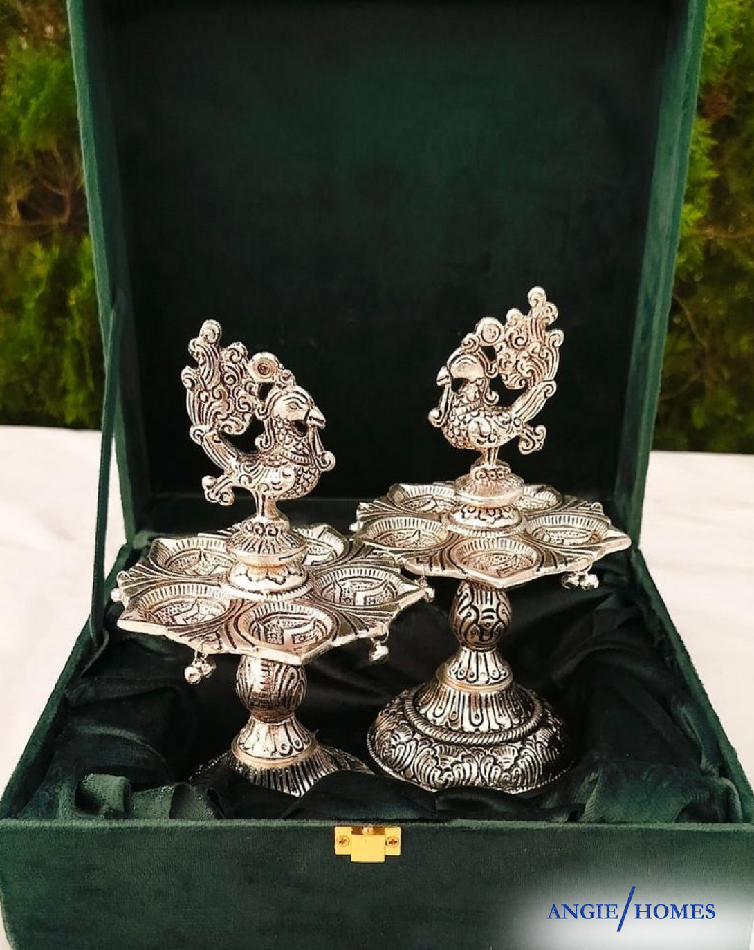 Silver Peacock Designed Diya Set For Gifting ANGIE HOMES