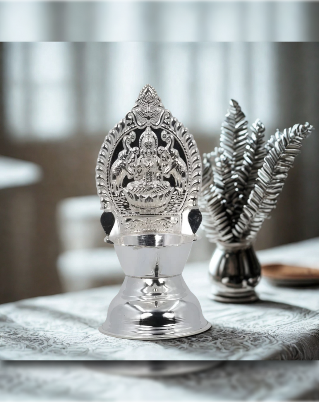 Silver Plated Lakshmi Diya - Angie India Serverware ANGIE HOMES