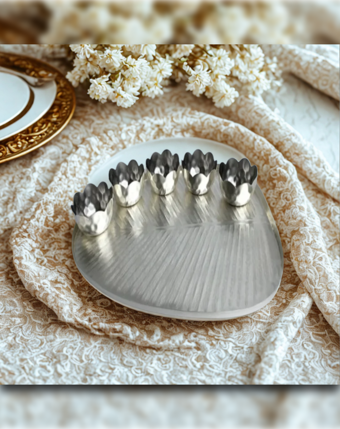 Banana Leaf Silver Plated Thali - Angie India Serverware ANGIE HOMES