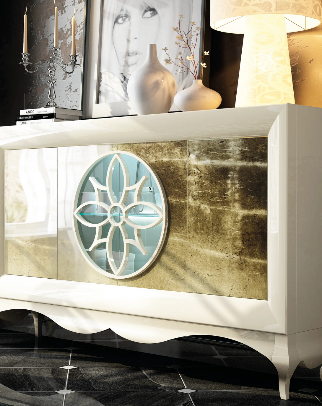 TIAGA MODERN SIDEBOARD CABINET WITH GOLD LEAF ANGIE HOMES