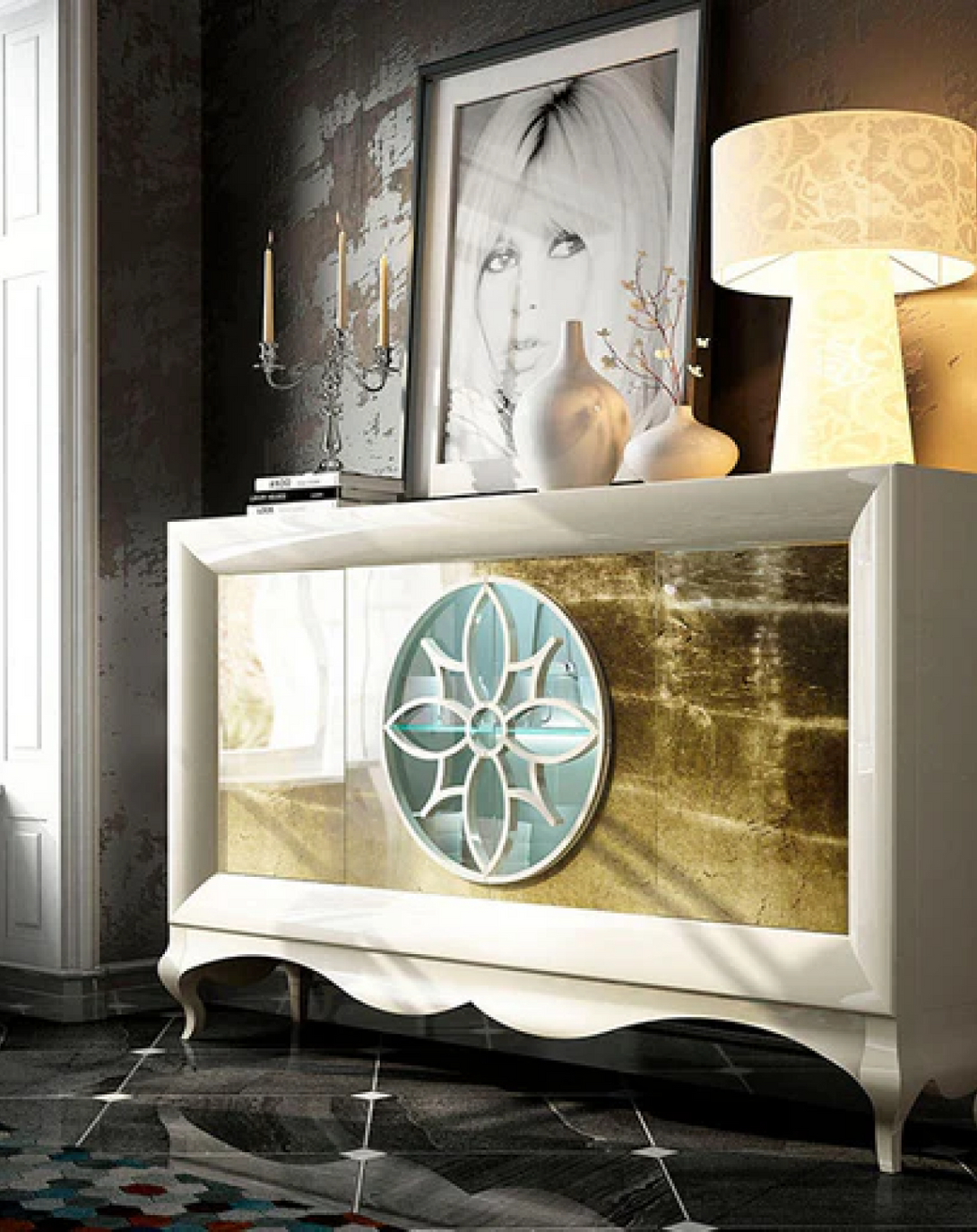 TIAGA MODERN SIDEBOARD CABINET WITH GOLD LEAF ANGIE HOMES