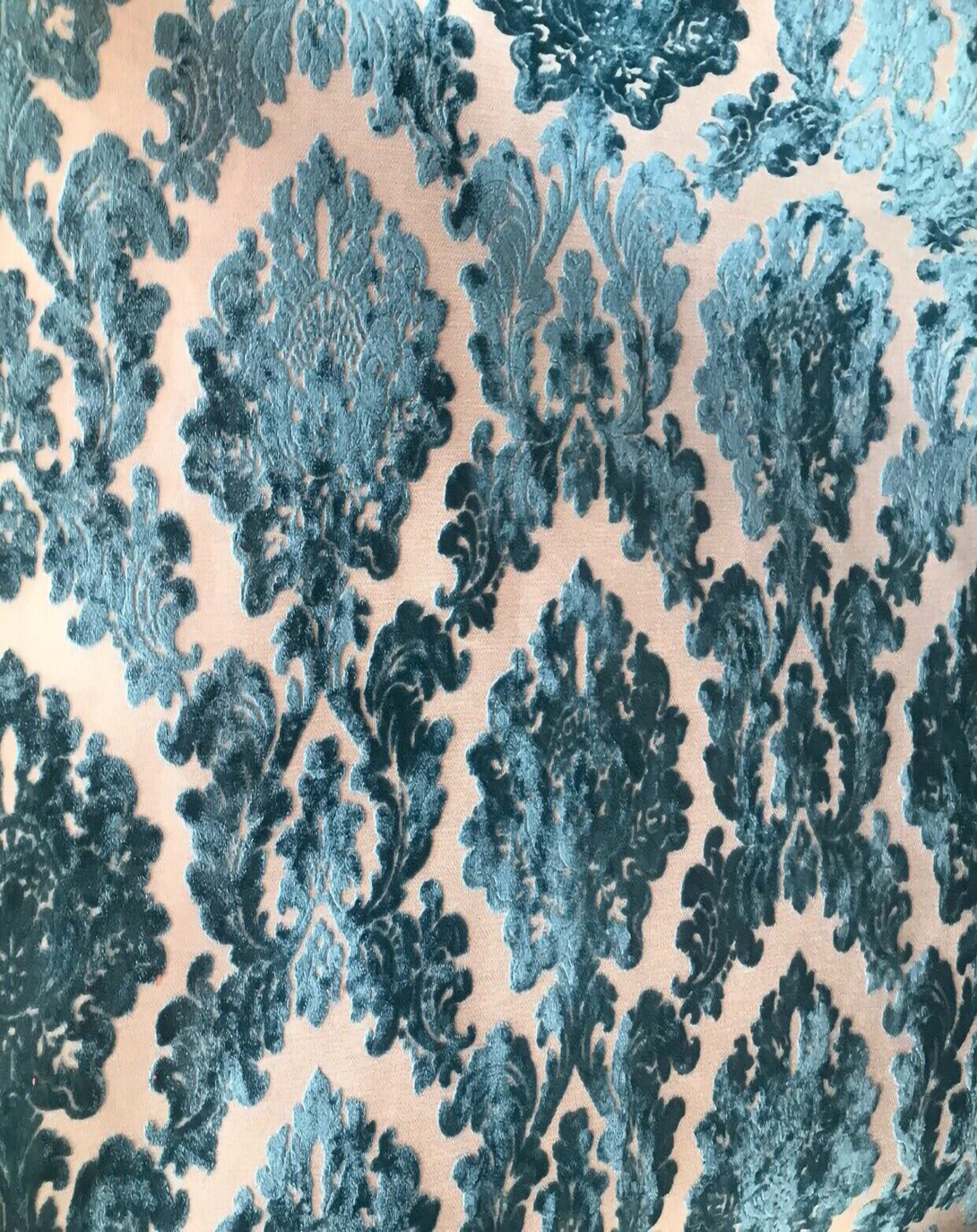 ADRIAN TEAL BLUE CHENILLE DAMASK FABRIC ANGIE HOMES