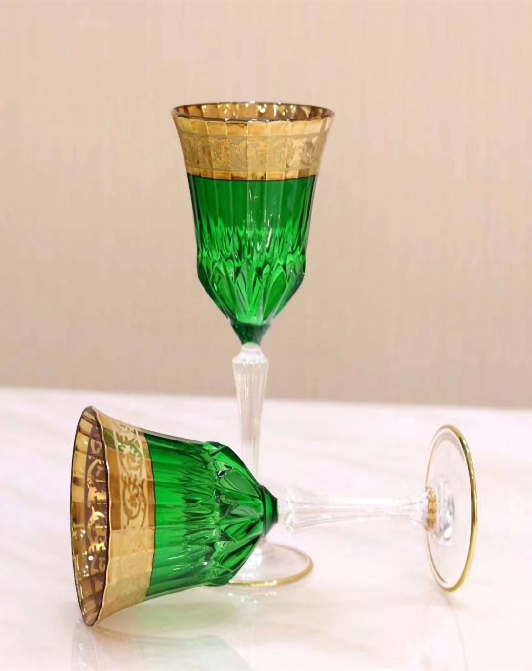 BORO CUT GREEN COLORED CRYSTAL WINE & CHAMPAGNE GLASS SET