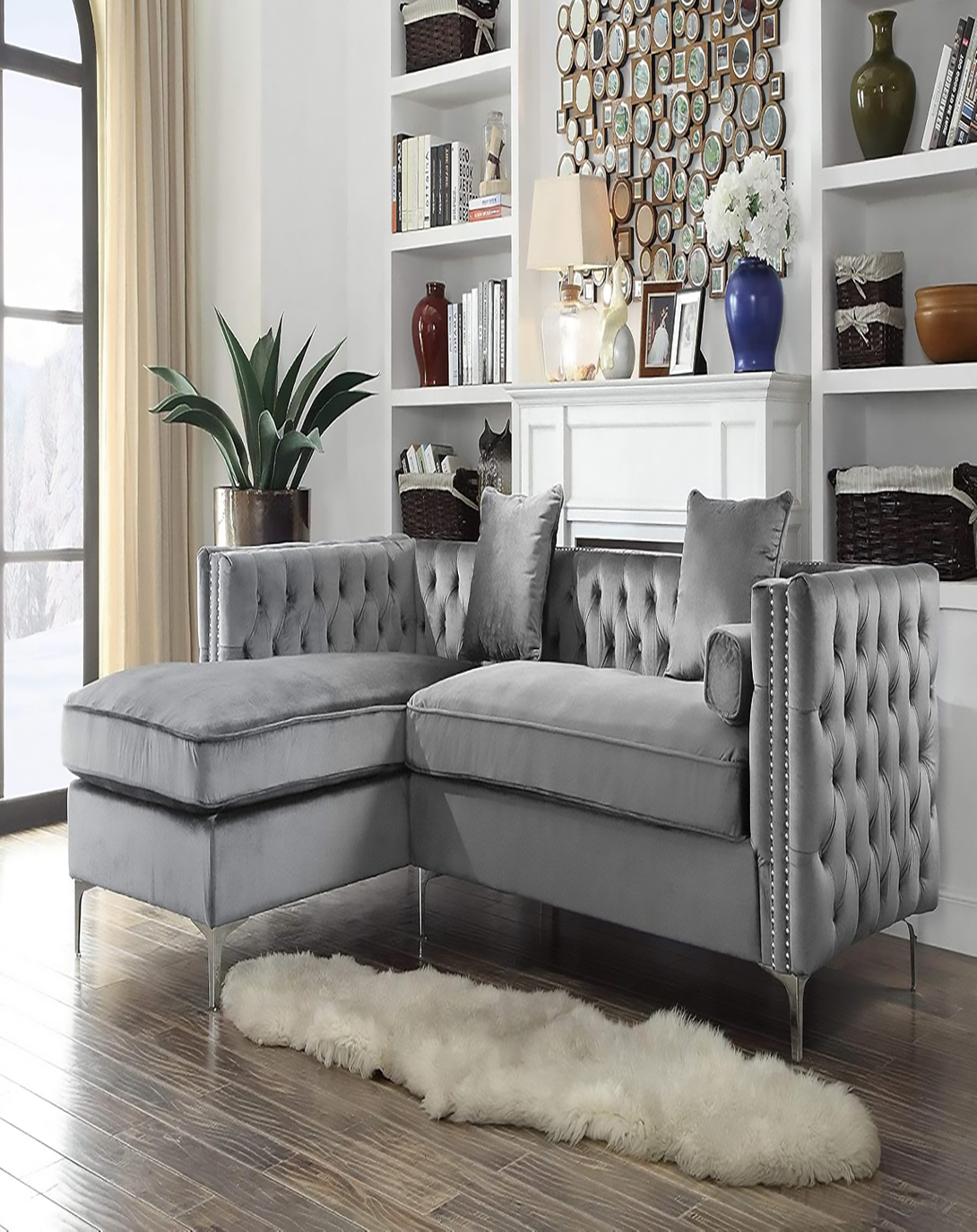 Denver Grey L SHAPE SOFA | teak wood L shape sofa set ANGIE HOMES