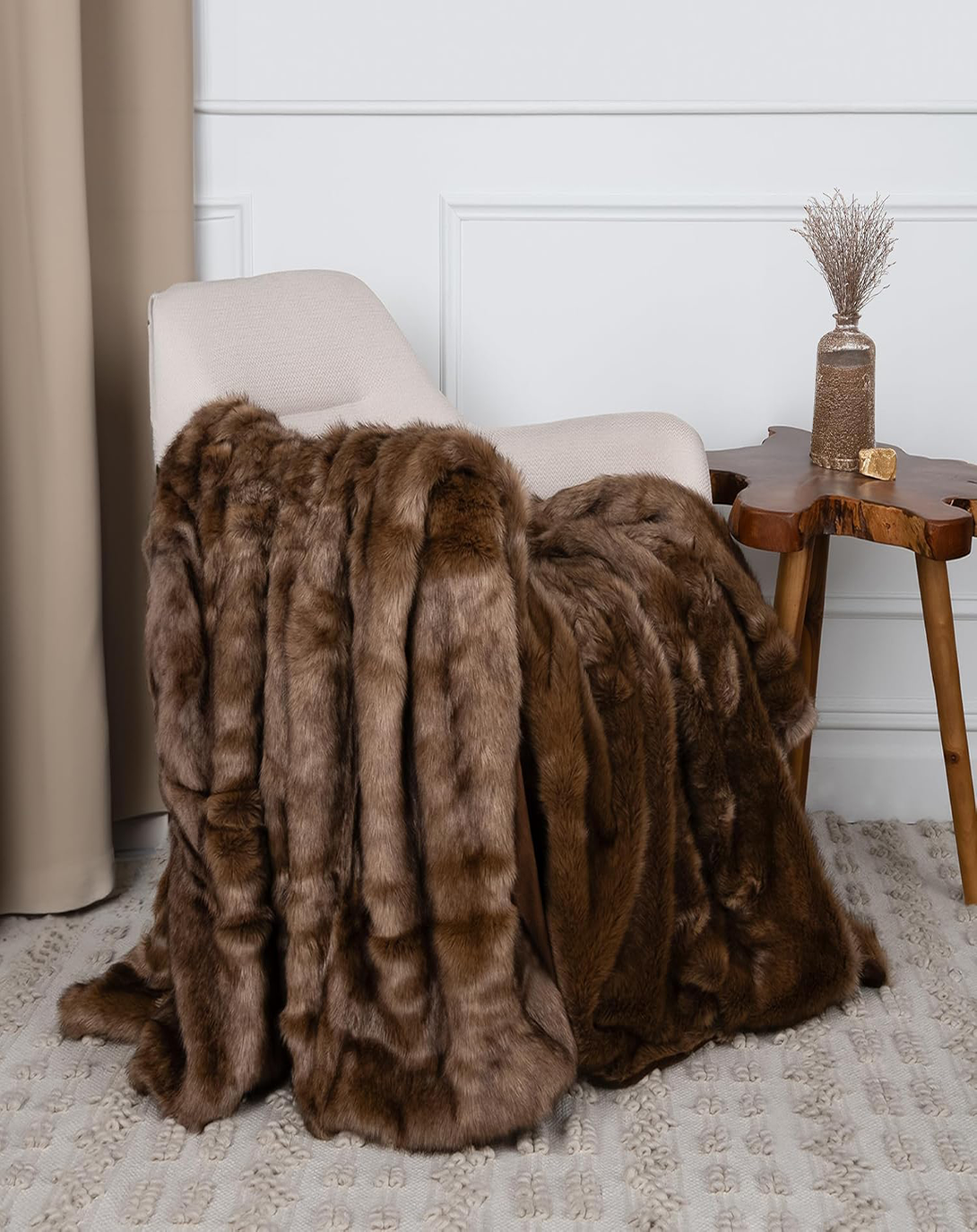 ELM LUXURY FUR BROWN THROWS IN LIVING ROOM