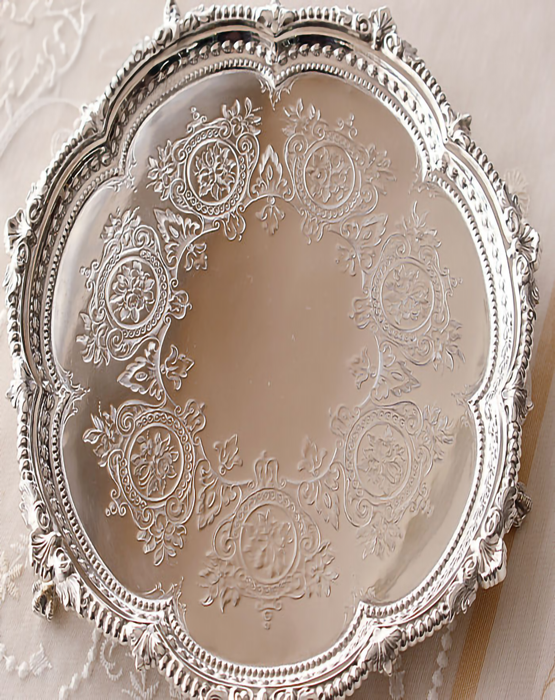 Engagement Classic Carving Round Silver Tray