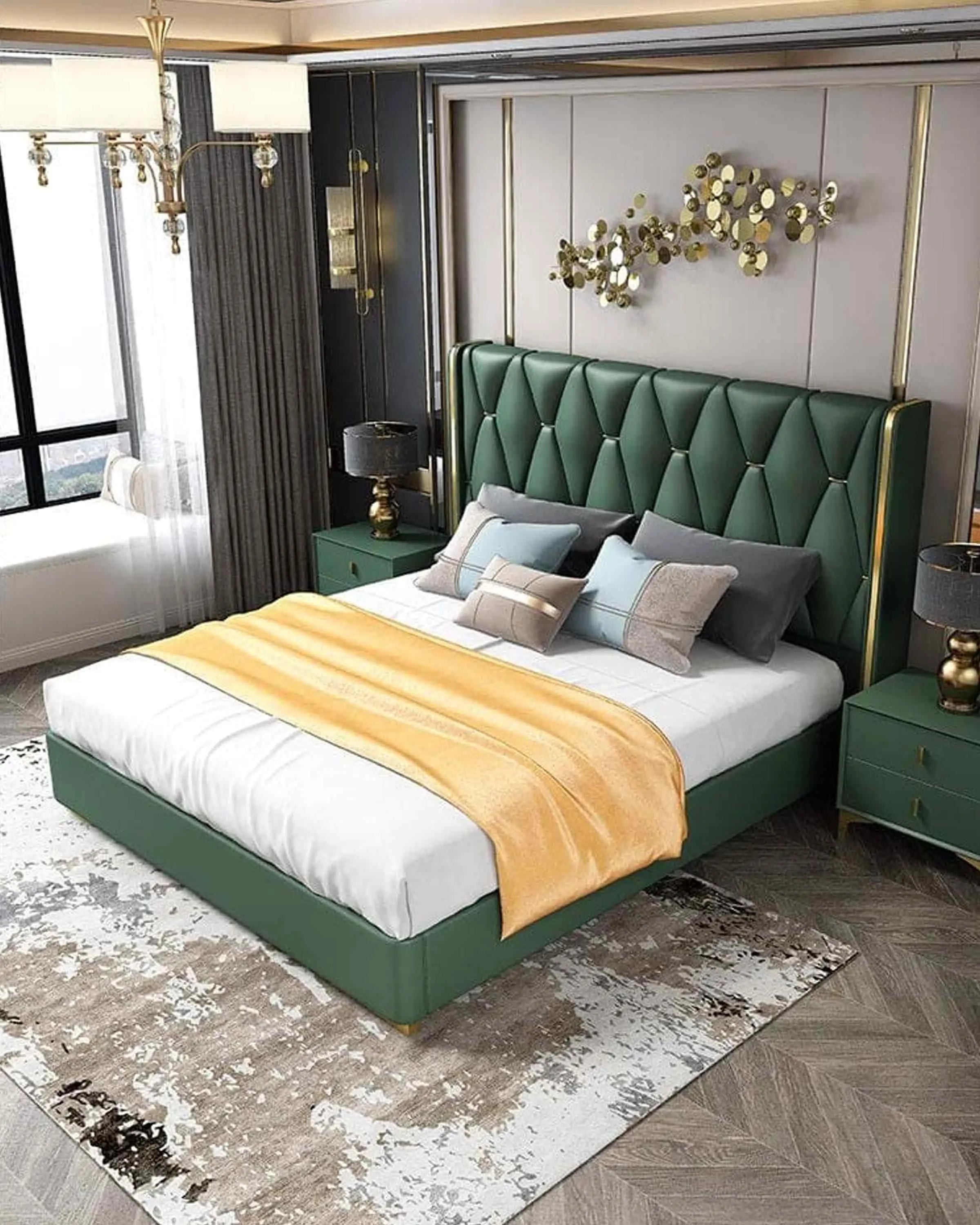 Green Solid Wood Bed with Headboard | king/Queen size bed with storage ANGIE HOMES