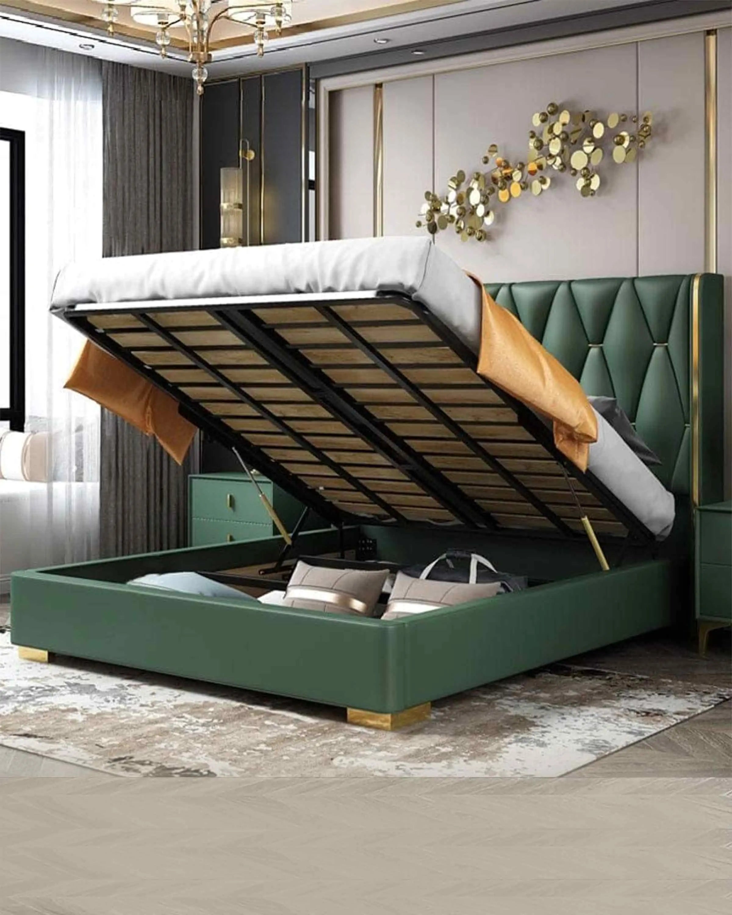 Green Solid Wood Bed with Headboard | king/Queen size bed with storage ANGIE HOMES