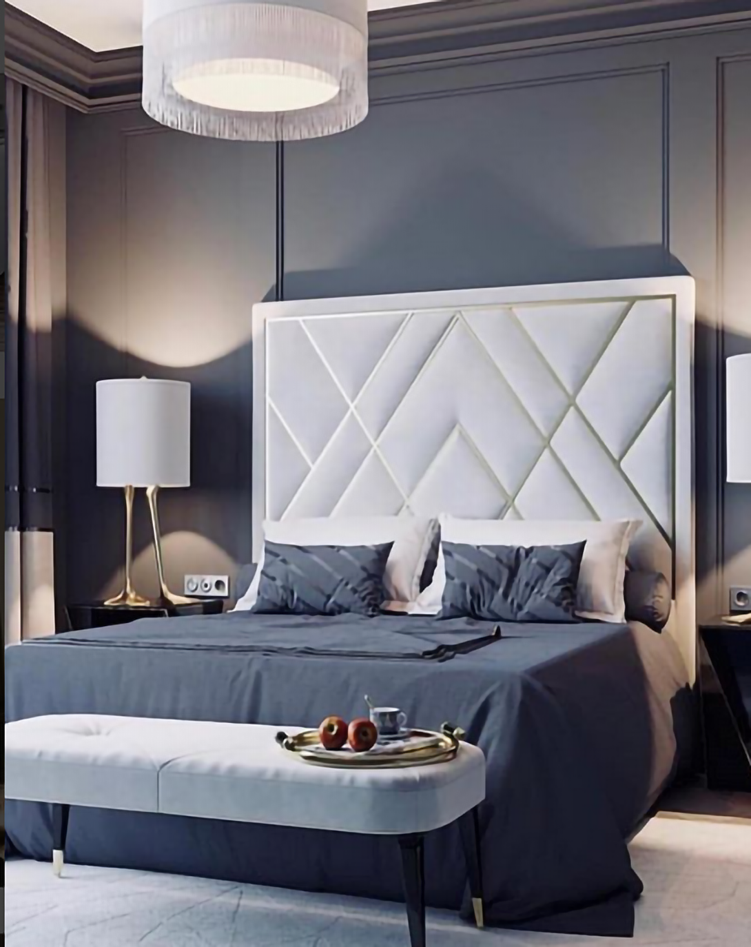 Grey Luxury Wood Bed with Headboard  kingQueen size bed with storage