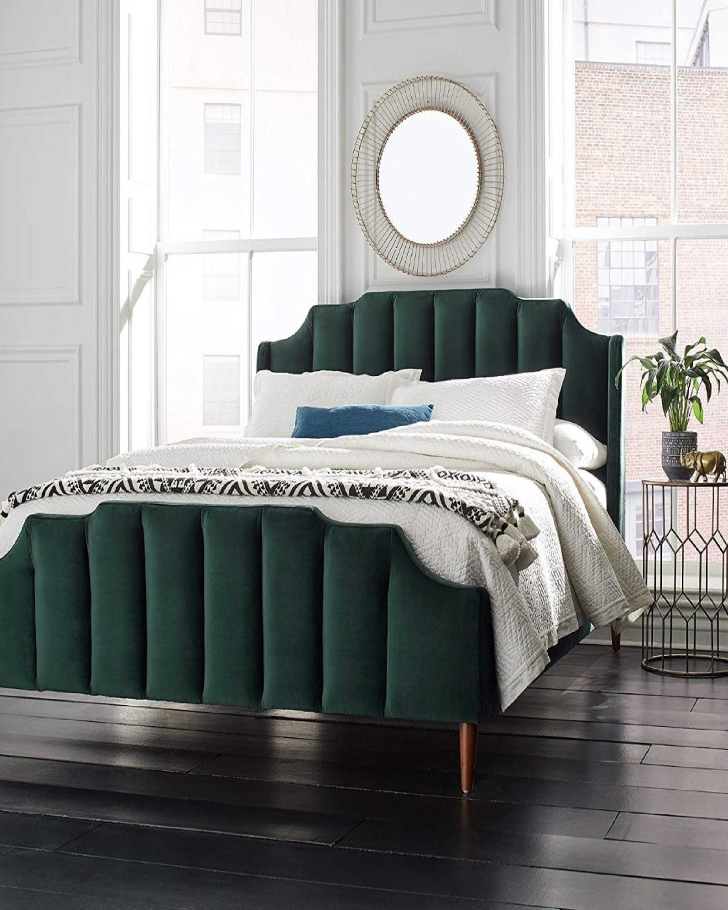 Modern Green Luxury Wood Bed with Headboard | king/Queen size bed with storage ANGIE HOMES