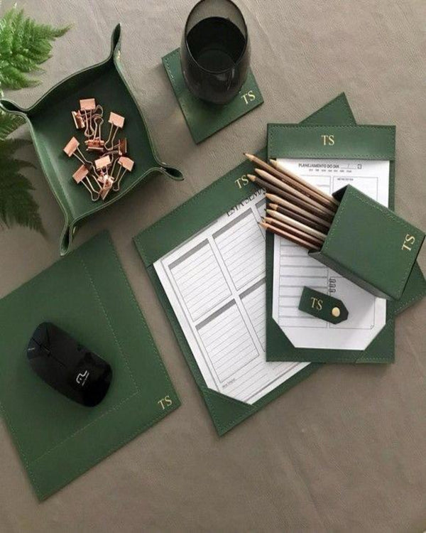 Vintage Green Leather Office Desk Set ANGIE HOMES