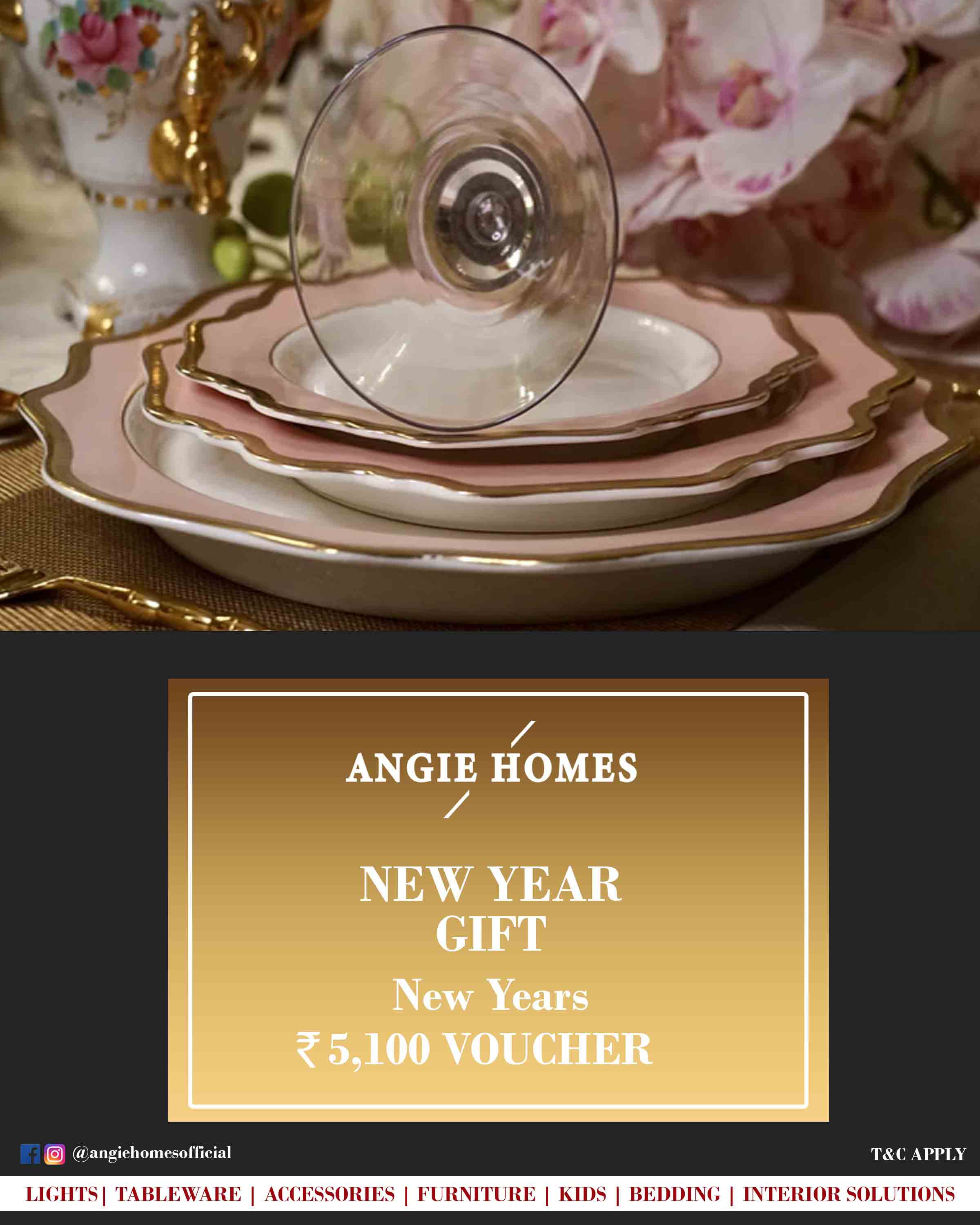 Online New Year Gift Voucher for Tableware | Bone China Plate & Wine Glasses ANGIE HOMES