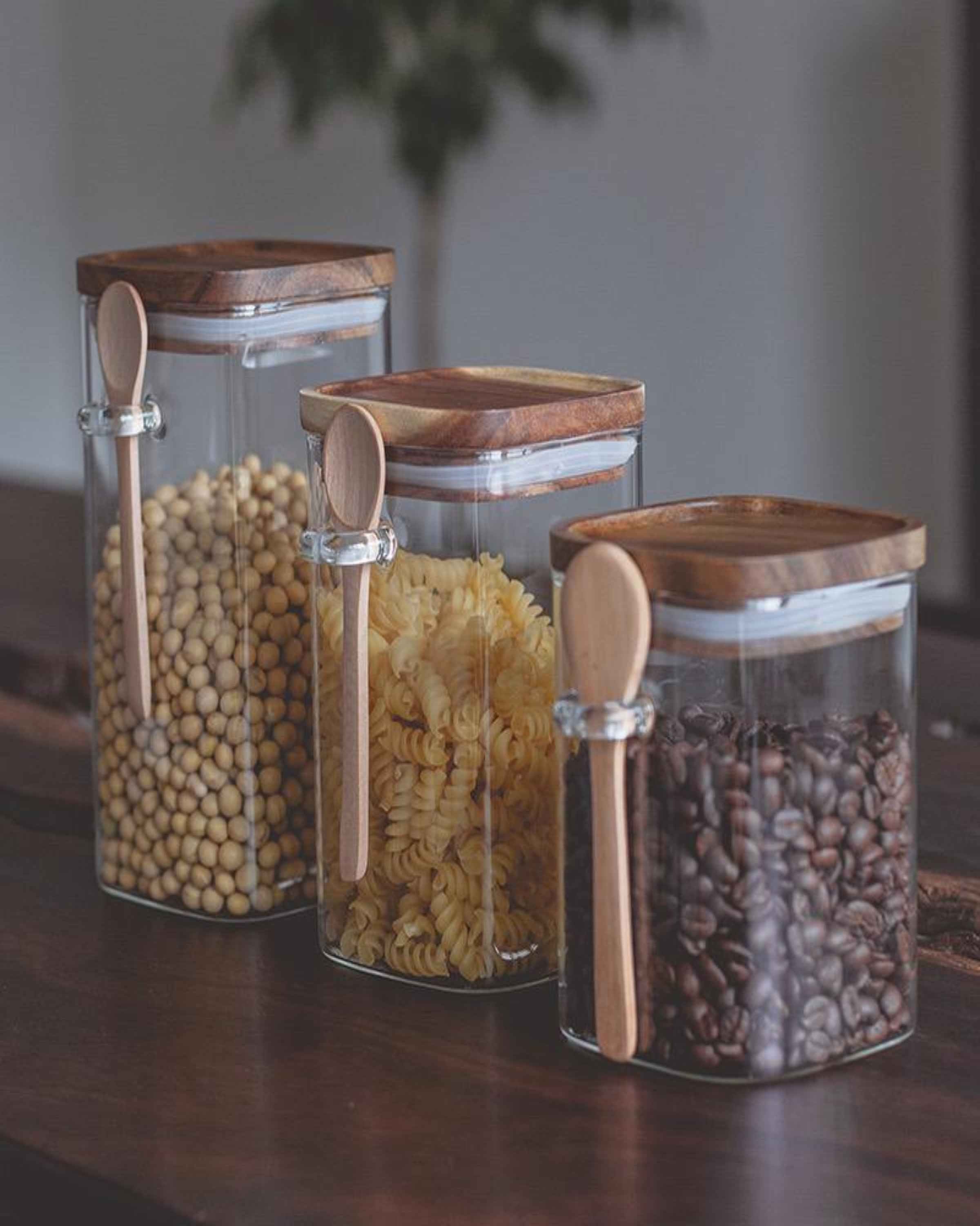 Shape Glass Containers Buy Square Shape Glass Container Set Of 3 With Wooden Spoons Online ...