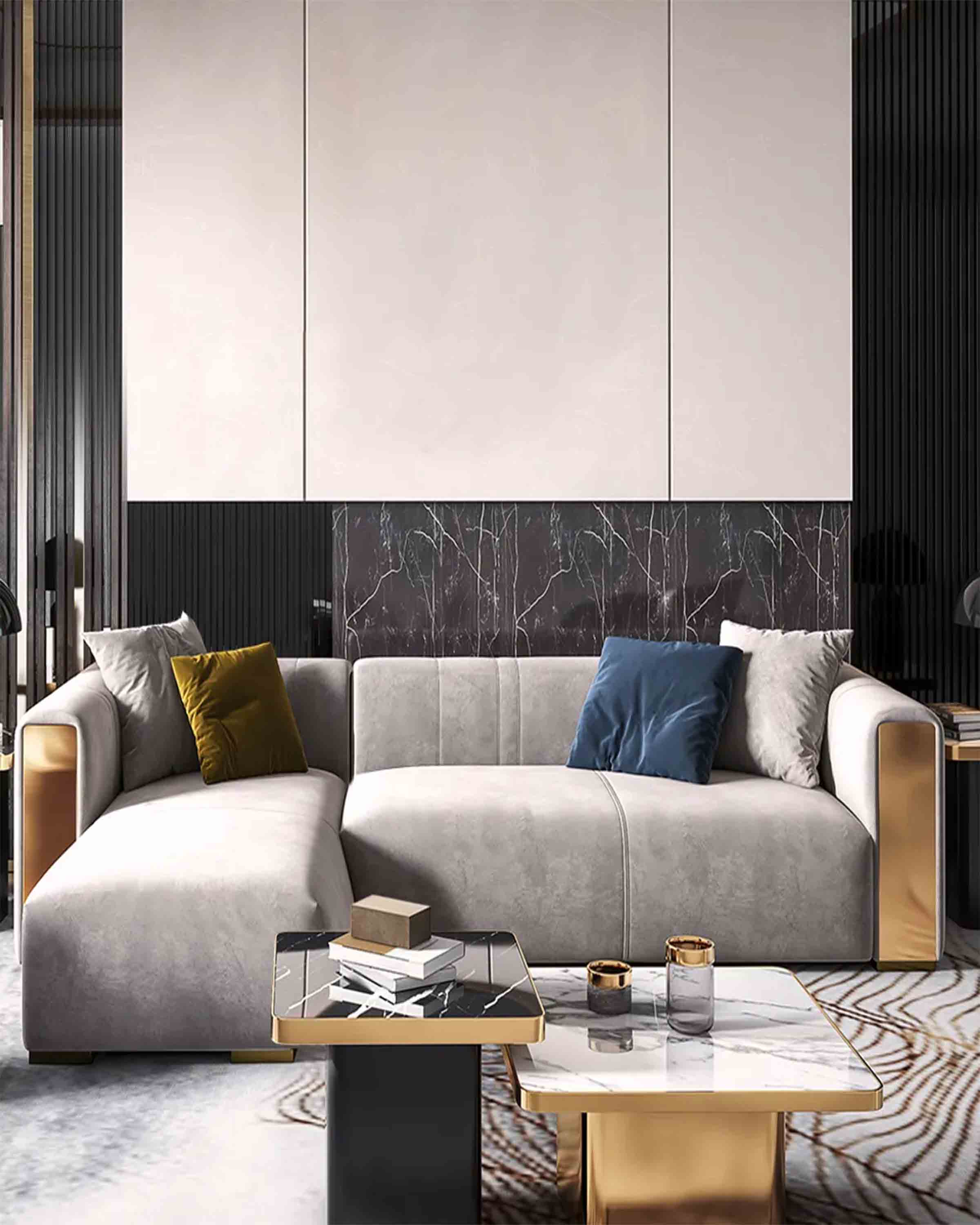 L-Shape Grey Velvet Upholstered Sectional Sofa ANGIE HOMES