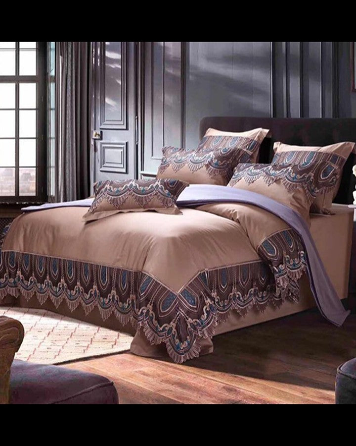 Luxury modern peach color with printed design bed set with pillow | Angie Homes