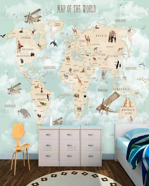 Light Blue & Pink Jungle Animal Map Wallpaper for Kids Room