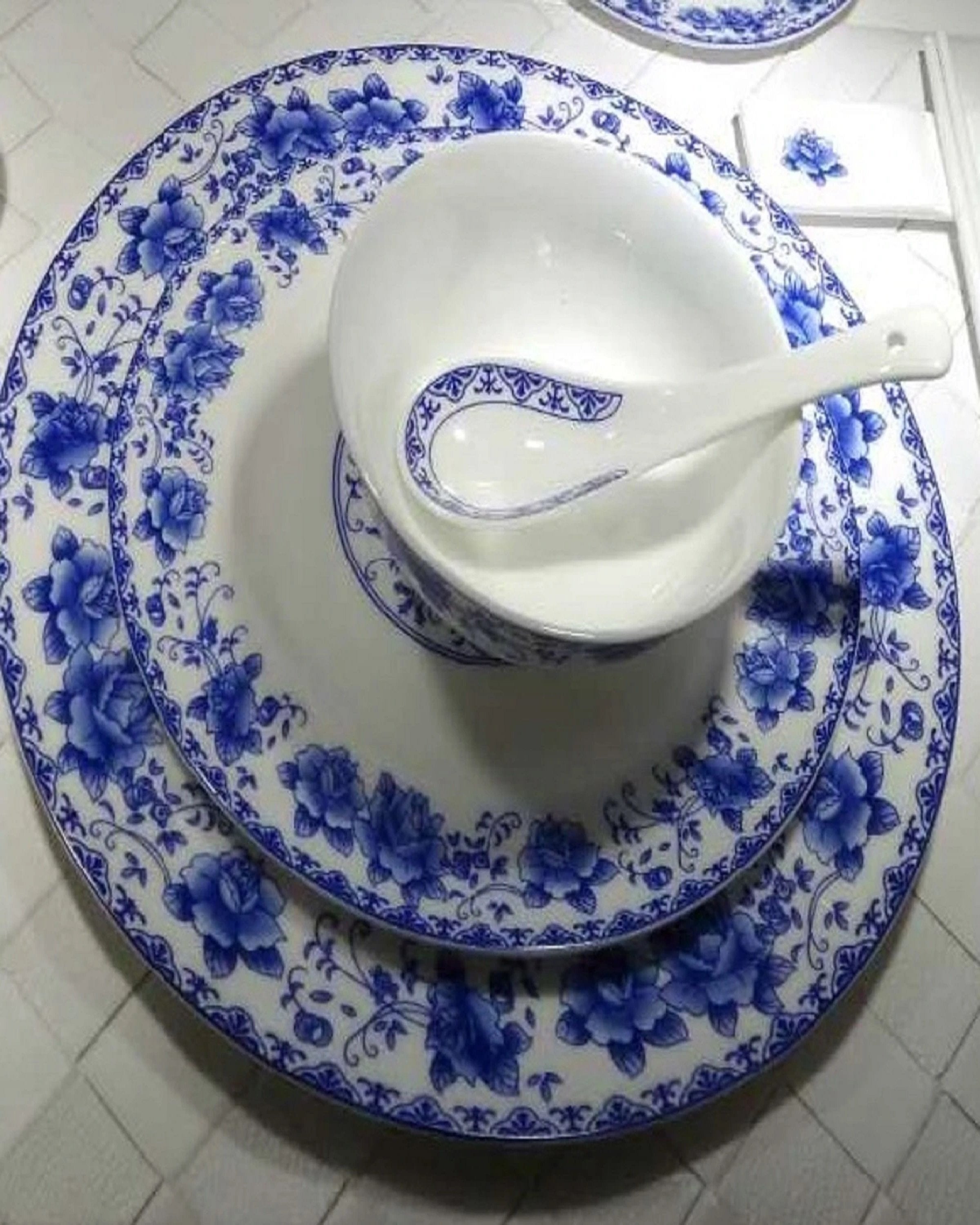 Fine White Blue China Plates And Bowl Set