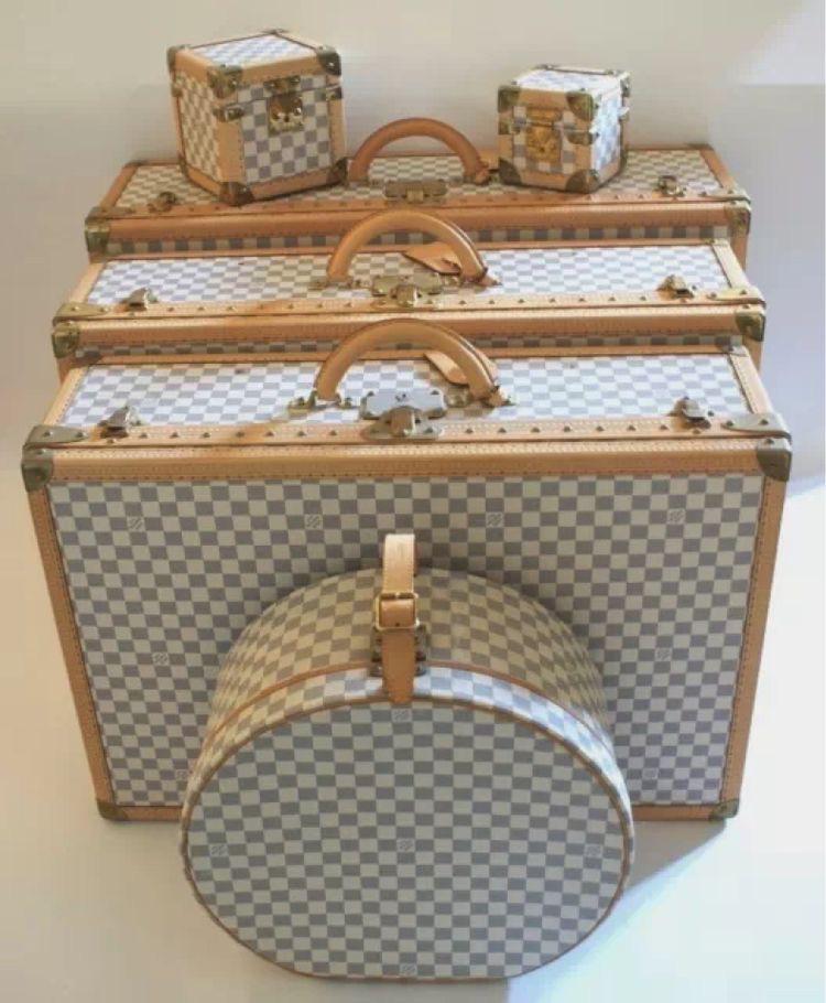 Buy Vintage White & Grey Checkerboard Leather Luggage Set