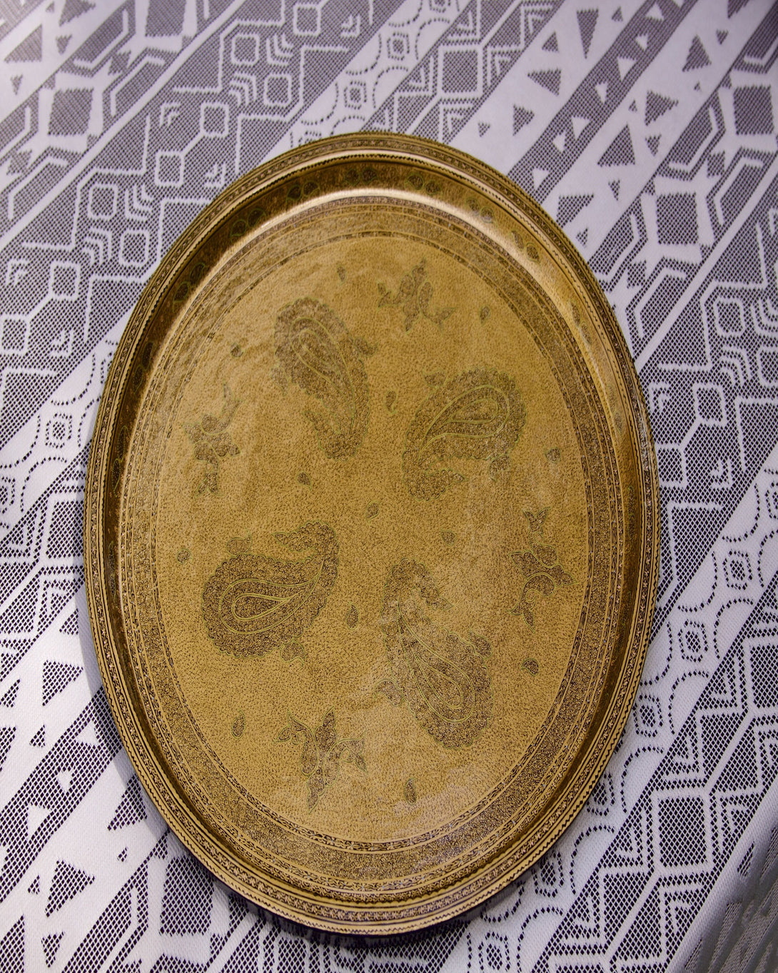 Large Golden Color Ethnic Design Paper Mache Tray