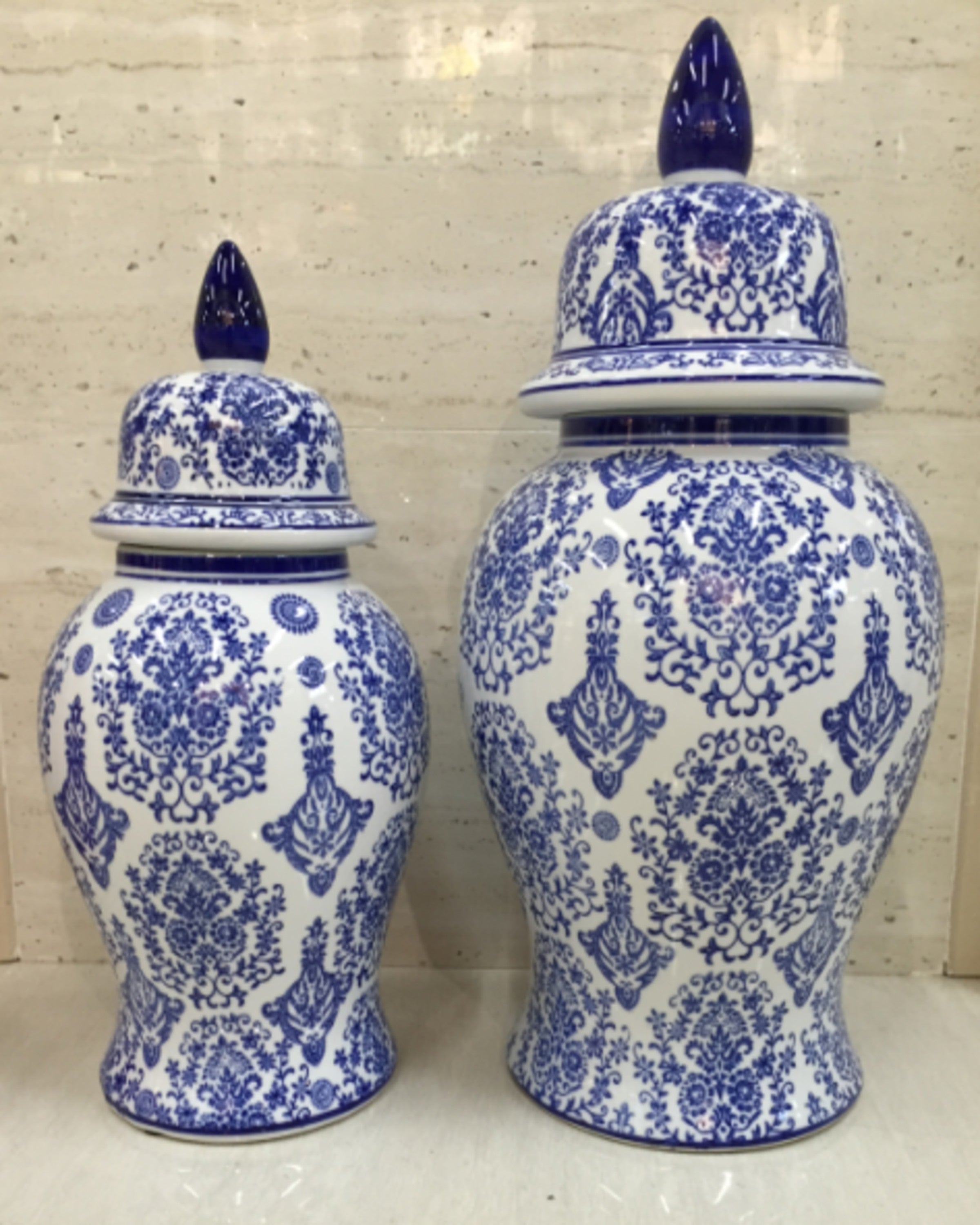 Blue & White Stripe Lidded Flower Vases