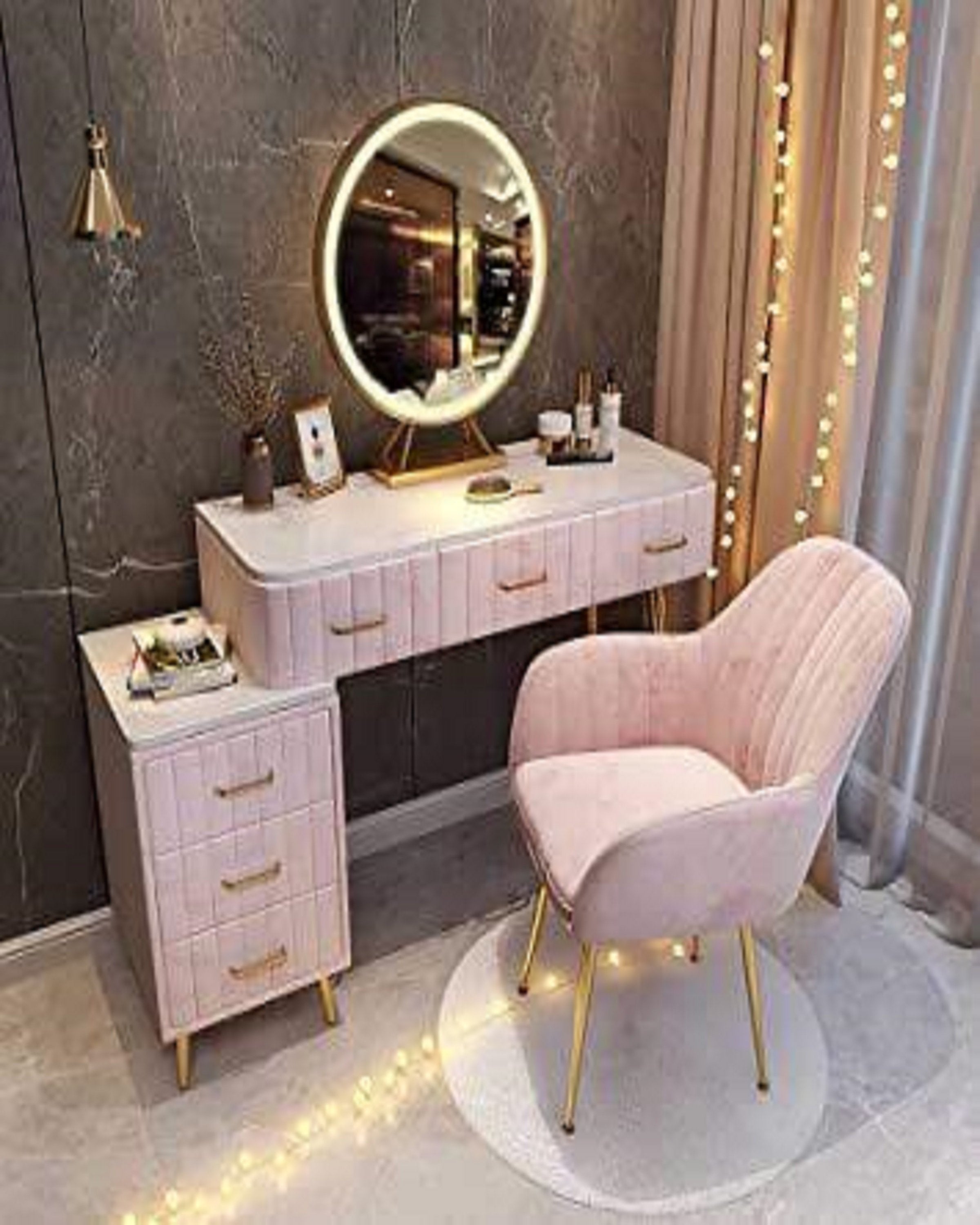Pink Laminate Marble Top Study Table for Kids with Drawers