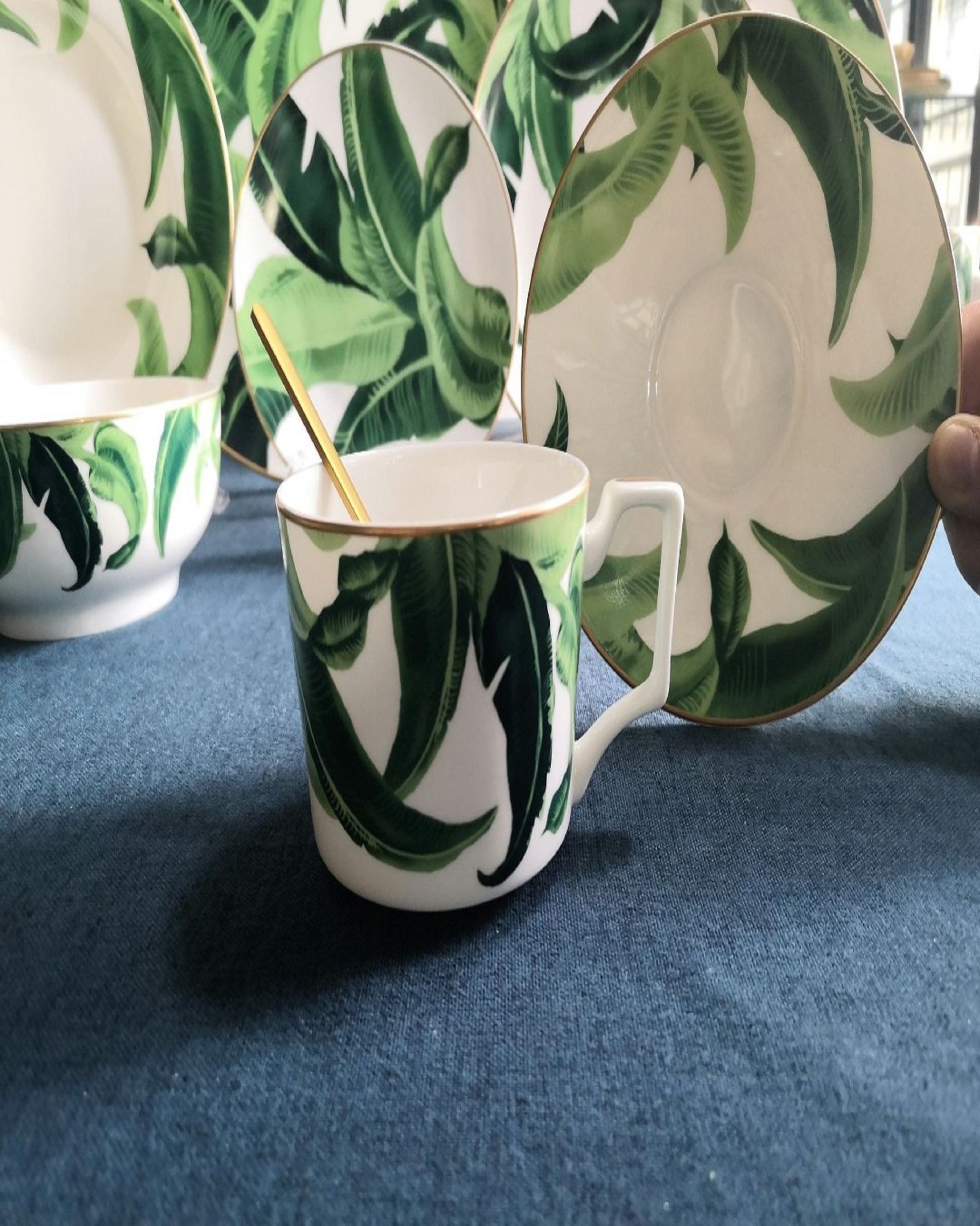 Green Leaf Design Bone China Cups Saucer Sets