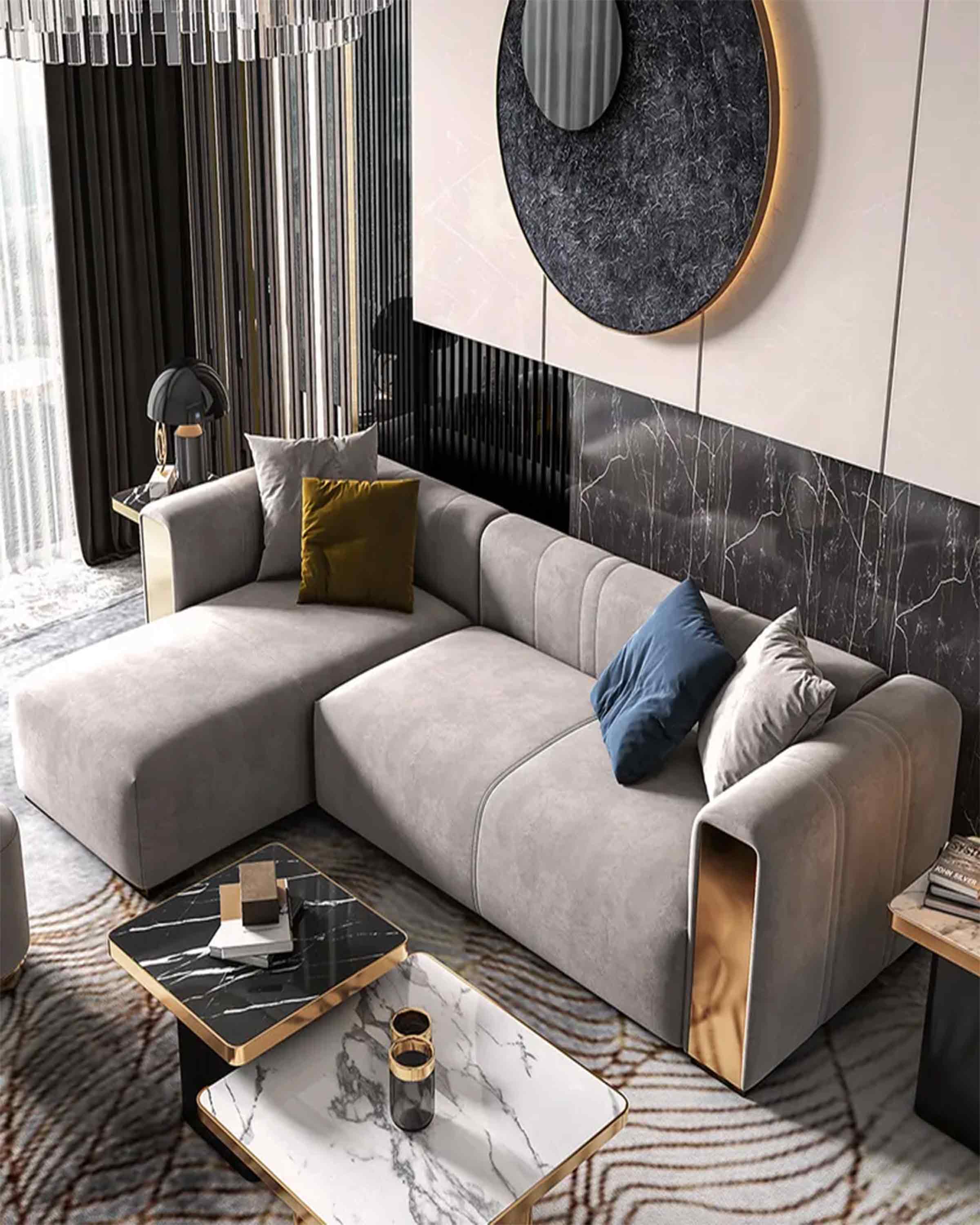 L-Shape Grey Velvet Upholstered Sectional Sofa ANGIE HOMES